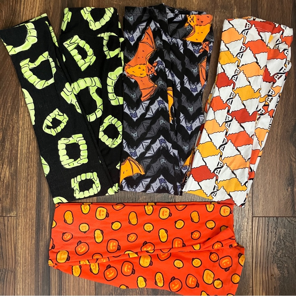 Lot of 4 Vintage (2017) Lularoe Halloween Kids L-XL Leggings Pumpkin Ghost Teeth